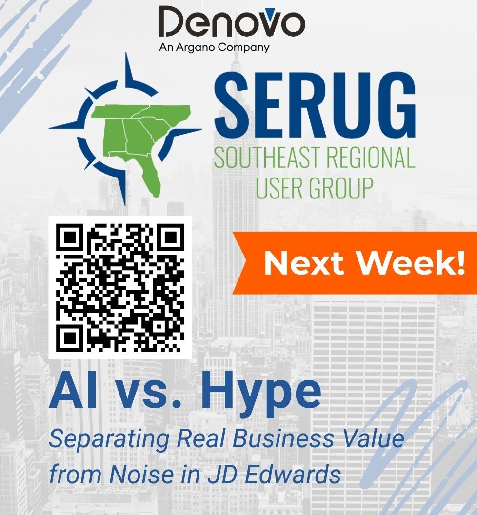 ⏳ One week to go!

Join us at SERUG Nashville – March 26
🎤 AI vs. Hype: Separating Real Business Value from Noise in JD Edwards

📍 Nashville, TN
🔗 Register: hubs.ly/Q046ZRGs0

#SERUG #JDEdwards #EnterpriseAI #OracleCommunity