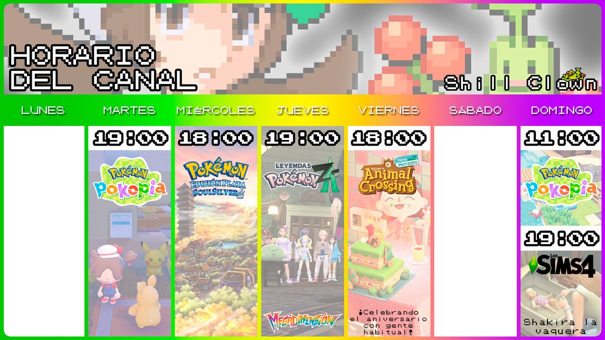 ShillClown's tweet photo. ¡Horario de directos de esta semana!
Seguimos con las series habituales (casi todo Pokémon 😭) y volvemos un poco a Animal Crossing para celebrar su 6º aniversario~

¡Nos vemos en un ratito con más Pokopia! Seguiré haciendo la historia 👀
https://t.co/8nuHqfFahB https://t.co/0PY1ArI2Ia