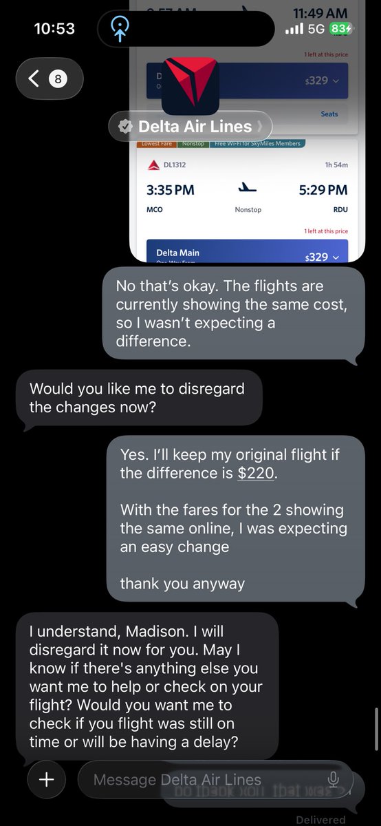 dadisontmerrick's tweet photo. @Delta wants to charge me $220 to switch flights when the flights have the same value/fare.

I used a Delta issued credit when I booked, which lowered the cost I paid out of pocket. Not sure why changing the flight to one of the same value would result in me losing the credit. https://t.co/i3fKgkjvJk
