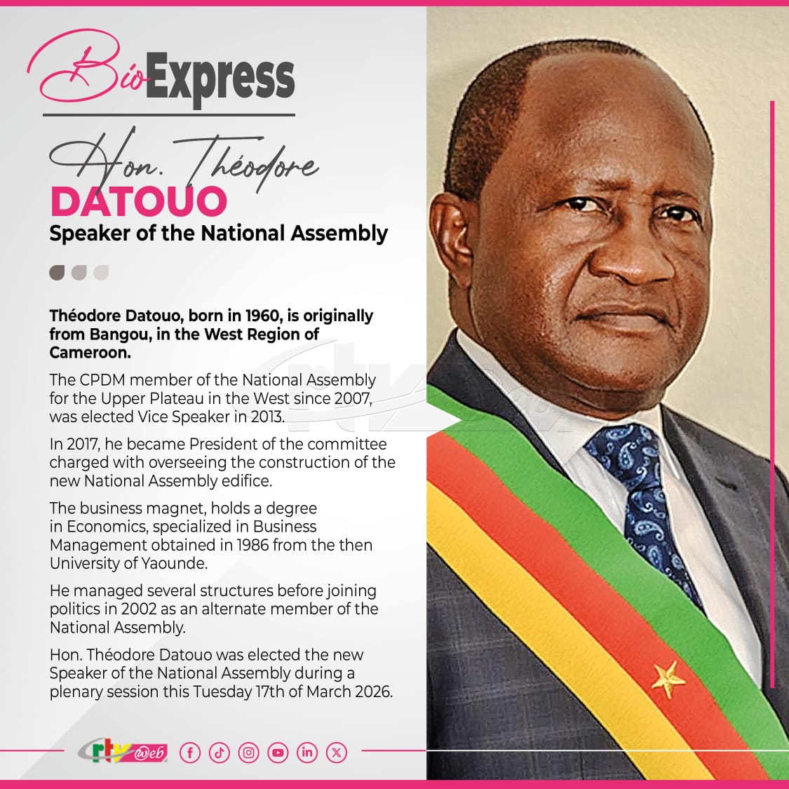 CRTV_web's tweet image. Hon. Theodore Datouo has been elected Speaker of the National Assembly. 

#Parliament
#NationalAssembly
#AssembleeNationale