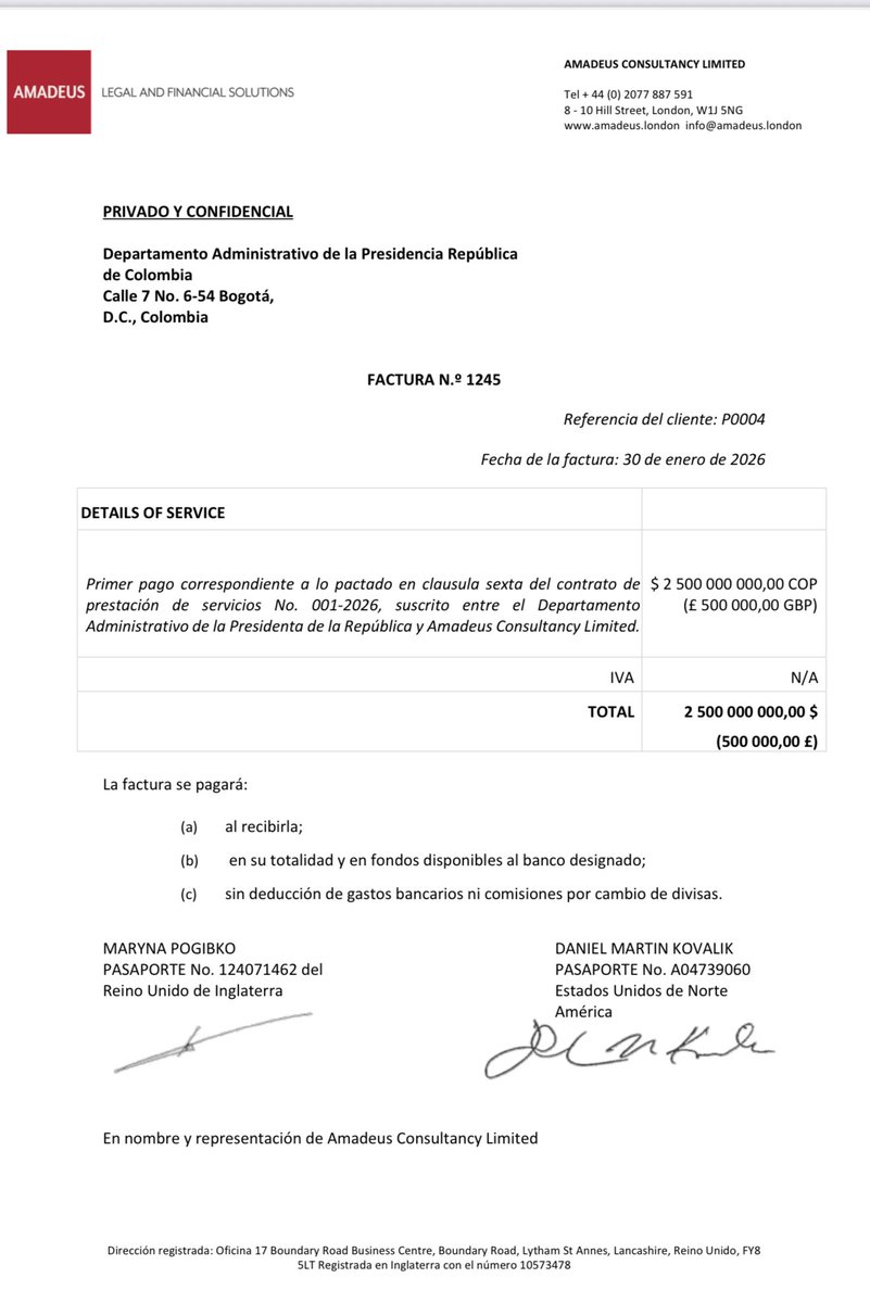german_ricaurte's tweet photo. Listo el primer pago de 2.500 millones de pesos de nuestros impuestos para la firma Amadeus - la de los abogados que defienden a Petro por su inclusión en la lista Clinton.

VIVIENDO SABROSO EN LIBRAS ESTERLINAS!!! https://t.co/gIKGKELMPW