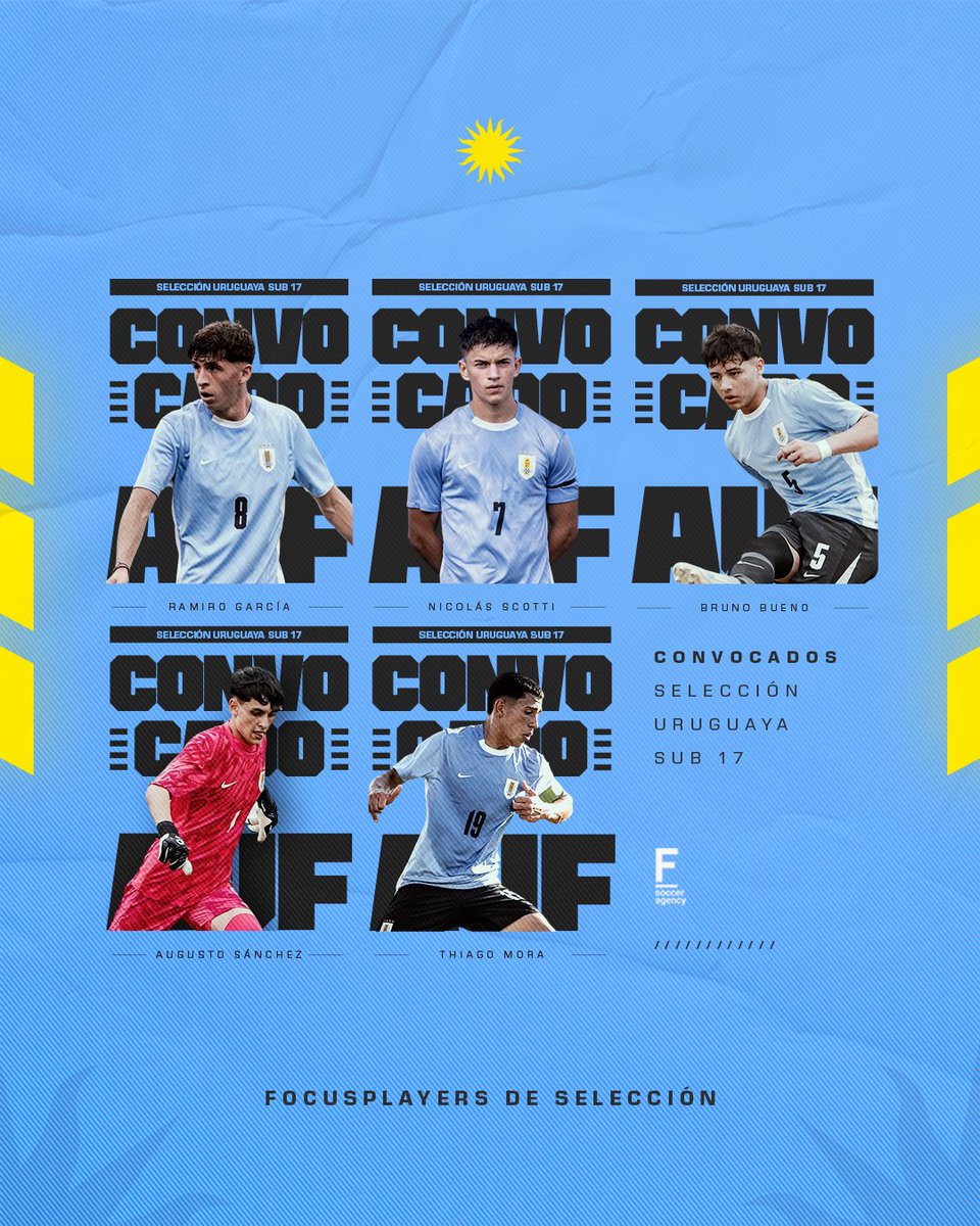 Focus_SAgency's tweet photo. Al 𝗦𝘂𝗱𝗮𝗺𝗲𝗿𝗶𝗰𝗮𝗻𝗼 𝗦𝗨𝗕 𝟭𝟳 🇺🇾

Cinco #FocusPlayers fueron convocados por @Uruguay para el próximo sudamericano de la categoría.

👏🏼 A romperla, gurises 🔝 https://t.co/Z1oR9LvSvK