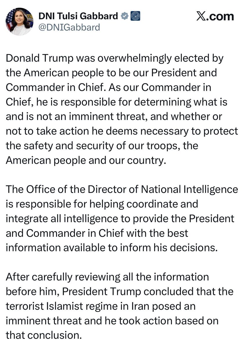 VozMediaUSA's tweet image. 🚨ÚLTIMA HORA | @DNIGabbard respalda la decisión de Donald Trump sobre Irán y recalca que fue elegido para ejercer como Presidente y Comandante en Jefe, y que es responsable de determinar amenazas inminentes

 “Irán representaba una amenaza inminente”