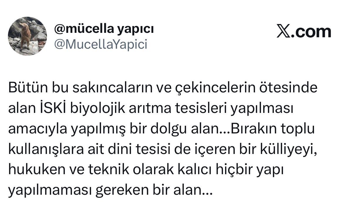 İstanbul Kadıköy’de yapılması planlanan yapıya ilişkin Mücella Yapıcı tepki gösterdi. Yapıcı, dolgu alanına ilişkin şunları dile getirdi:

“Bütün bu sakıncaların ve çekincelerin ötesinde burası, İSKİ’nin biyolojik arıtma tesisleri yapılması amacıyla oluşturulmuş bir dolgu