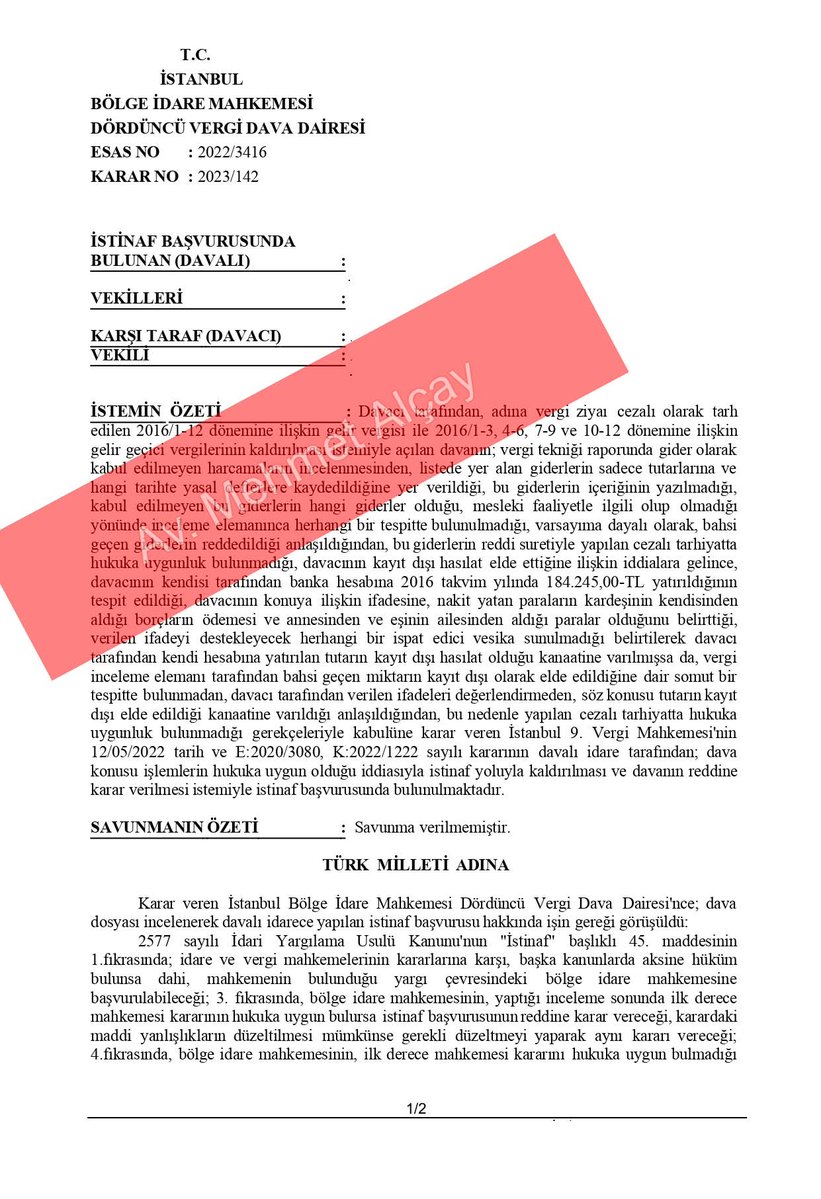 Hesaba elden yatan paraların, vergi müfettişince mesleki (ya da ticari) kazanç olduğu kanıtlanmadan vergilendirilemeyeceğine dair istinaf mahkemesi kararının tam metnini paylaşıyorum.