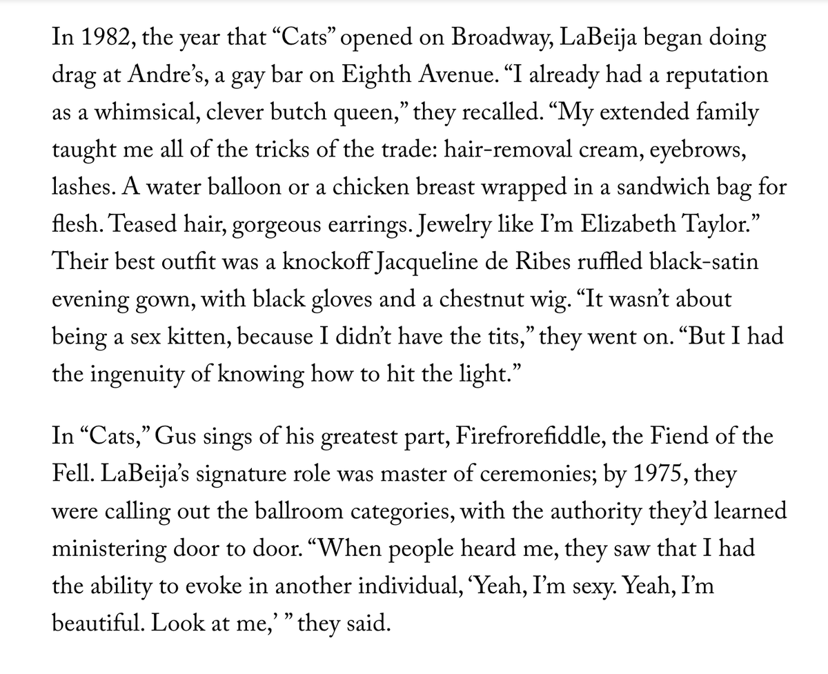 GoAwfCis's tweet photo. “My mother’s name was Gigi LaBeija. My father’s name was Butch-Stephanie LaBeija. And I, therefore, became Junior LaBeija.”

Junior LaBeija discusses his start in the ballroom seen and his parents within the House of LaBeija. 

From The New Yorker https://t.co/Fgs1mIPVxe