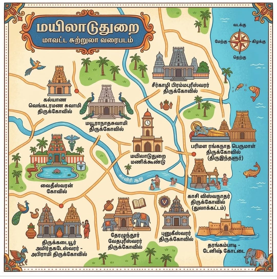 ChatGPTJob's tweet photo. Map of Mayiladuthurai District Top 10 Tourist Places 📍😍
Video Link in First Comment👇
#Mayiladuthurai
#Mayuram
#CauveryBanks
#MayuranatharTemple
#NammaMayiladuthurai https://t.co/j2l7QVTVY9