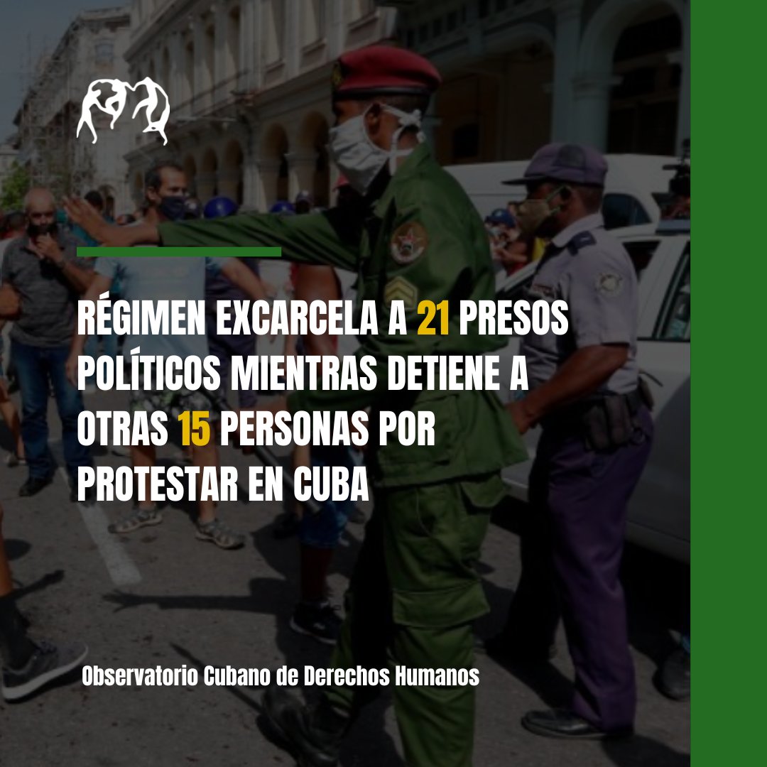 🔴 Alerta OCDH | El régimen cubano ha excarcelado a 21 presos políticos como parte del acuerdo con el Vaticano, pero al mismo tiempo ha detenido arbitrariamente a otras 15 personas por participar en protestas en distintas provincias del país.

Entre el 13 y el 16 de marzo se