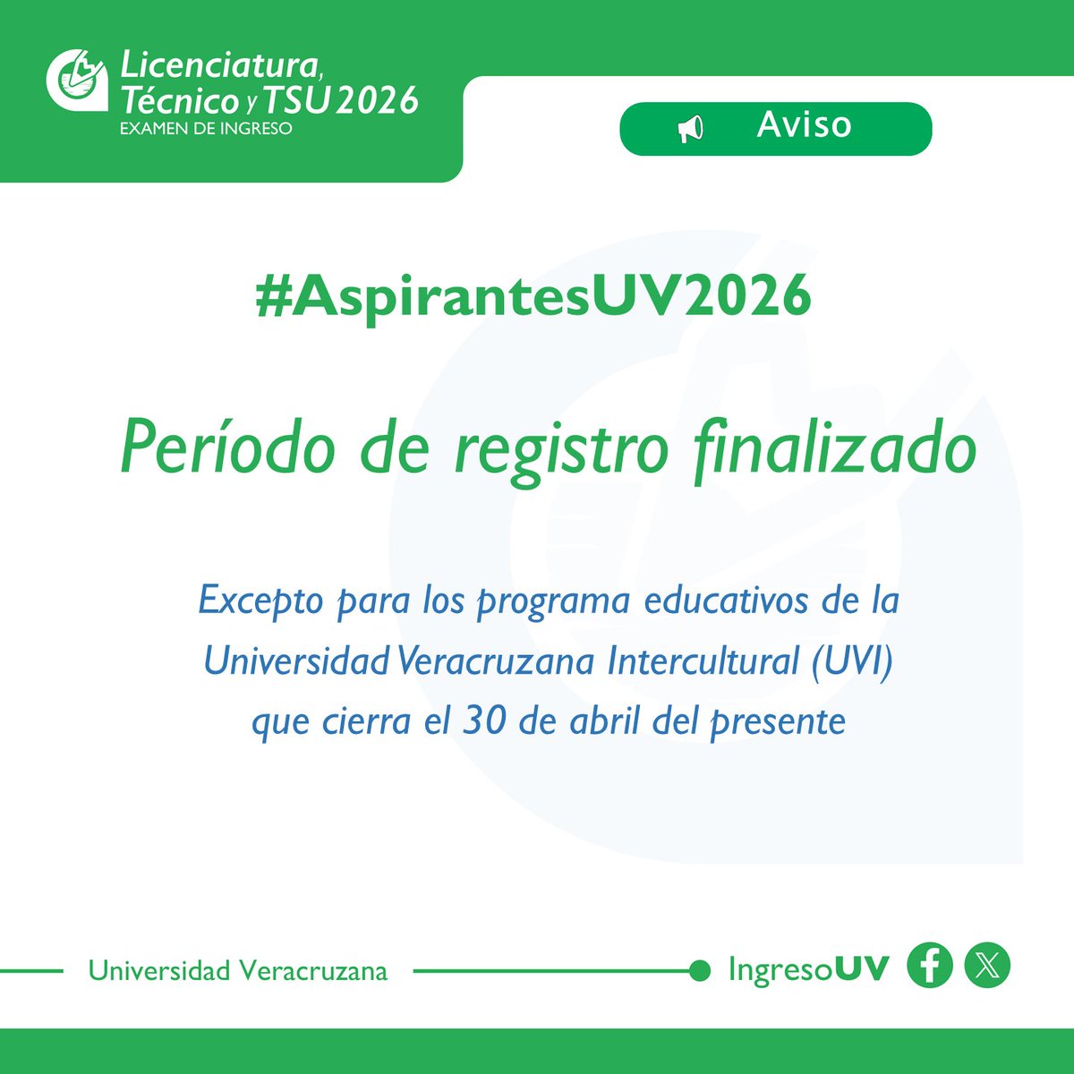 #AspirantesUV2026
Registro finalizado 🔒 para las convocatorias:
✅ Iniciación
✅ Técnico
✅ Licenciatura y Técnico Superior Universitario
#IngresoUV <a href="/UVeracruzanaMx/">Universidad Veracruzana</a> <a href="/LuzioUV/">Luzio UV</a>
