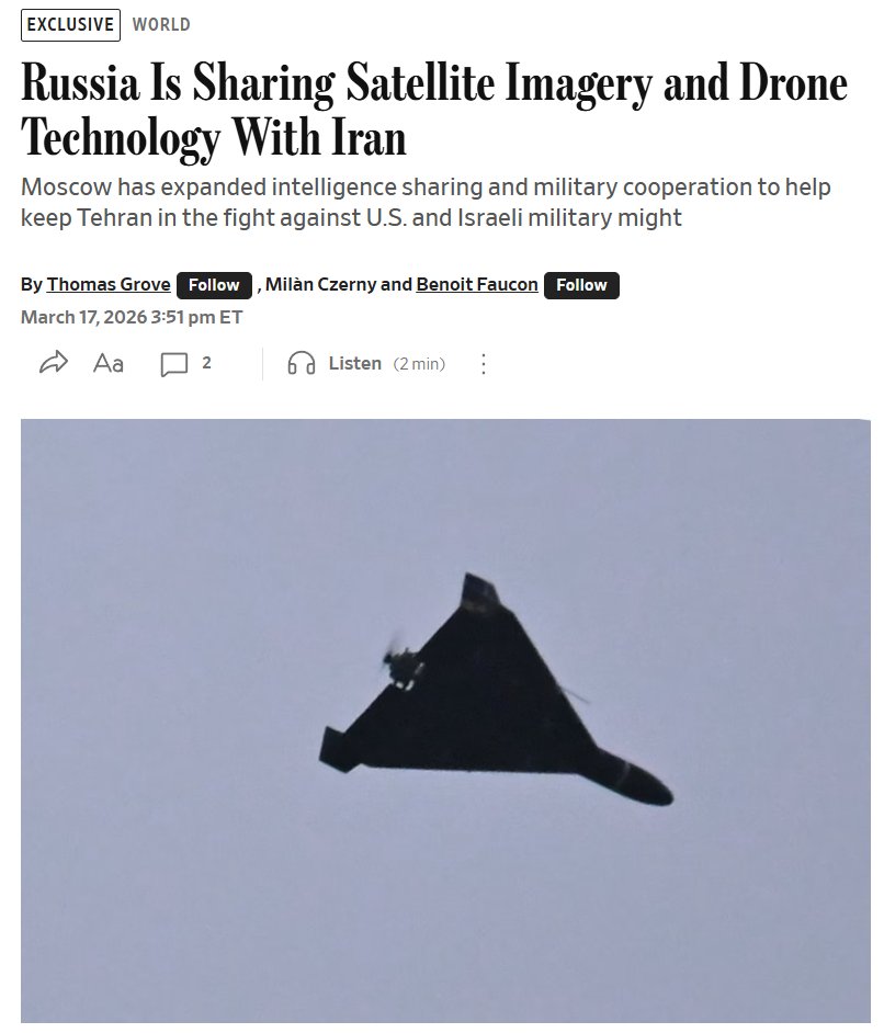 Russia is reportedly expanding support to Iran with satellite intelligence and upgraded Shahed drone technology to aid targeting of U.S. and allied forces.

The support includes sharing battlefield tactics from Ukraine such as strike patterns, altitude &amp; targeting strategies.