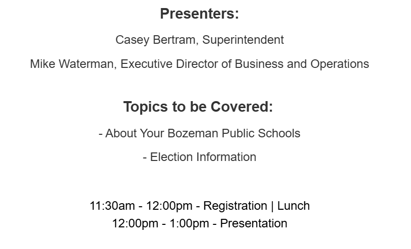 Register now for Business &amp; Community Conversation: Bozeman Public Schools Annual Report to Our Community. 
Members: $32
Non-Members: $125
Register: na2.hubs.ly/H045_ZK0