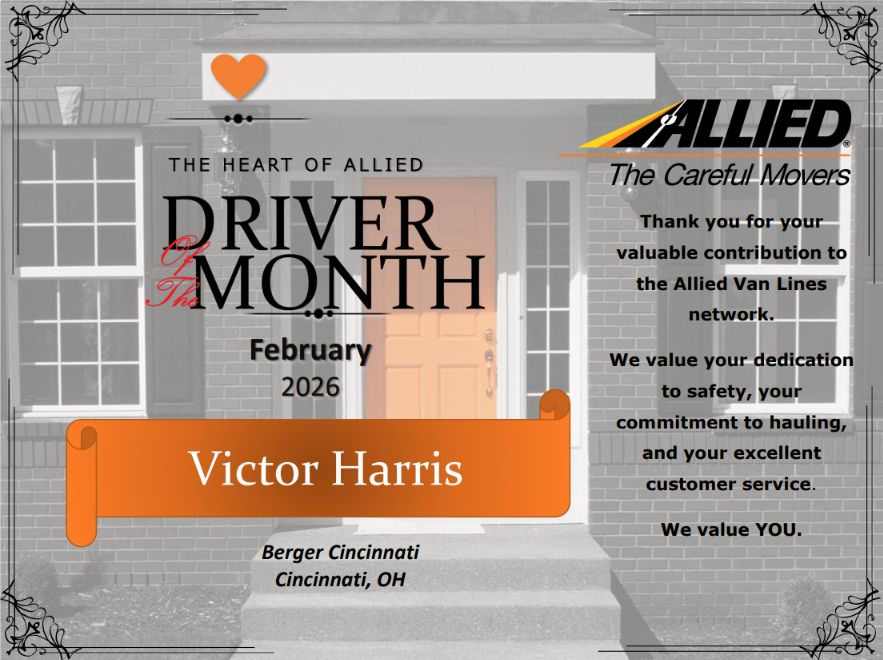 bergertransfer's tweet photo. Berger Moving &amp; Storage, agent for Allied Van Lines, is proud to announce Victor Harris has been recognized as Allied’s February 2026 Driver of the Month. Congratulations Victor! 

#AlliedVanLines #bergermovingandstorage #BergerAllied #driverofthemonth #AgentoftheYear https://t.co/HRTptOt9Rl