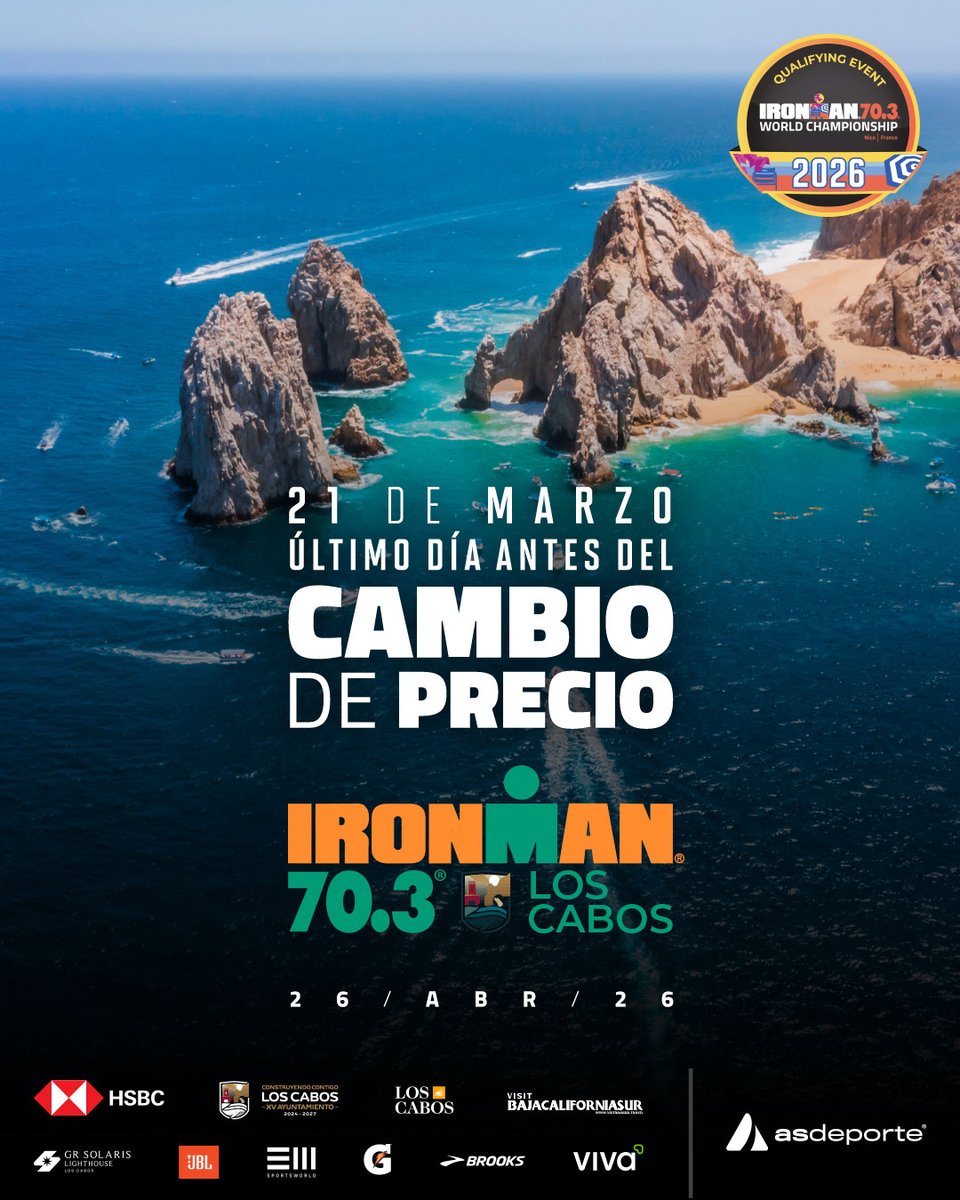 El 21 de marzo es el último día antes del cambio de precio del IRONMAN 70.3 Los Cabos. Asegura hoy tu lugar en la línea de salida al precio actual. 🏁 

Asegúralo aquí 👉 hubs.ly/Q047cLhx0 ​

#ironman #ironman703loscabos #ironmanmexico