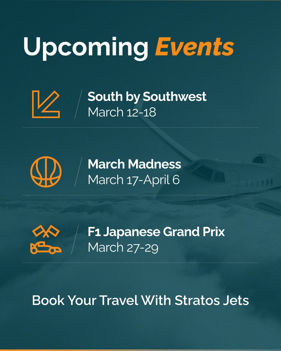 StratosJets's tweet image. Don't miss out on all the upcoming global events in March. Stratos Jets can get you there! ✈️ 

Book your travel through our website today.

#Travel #PrivateJet #UpcomingEvents