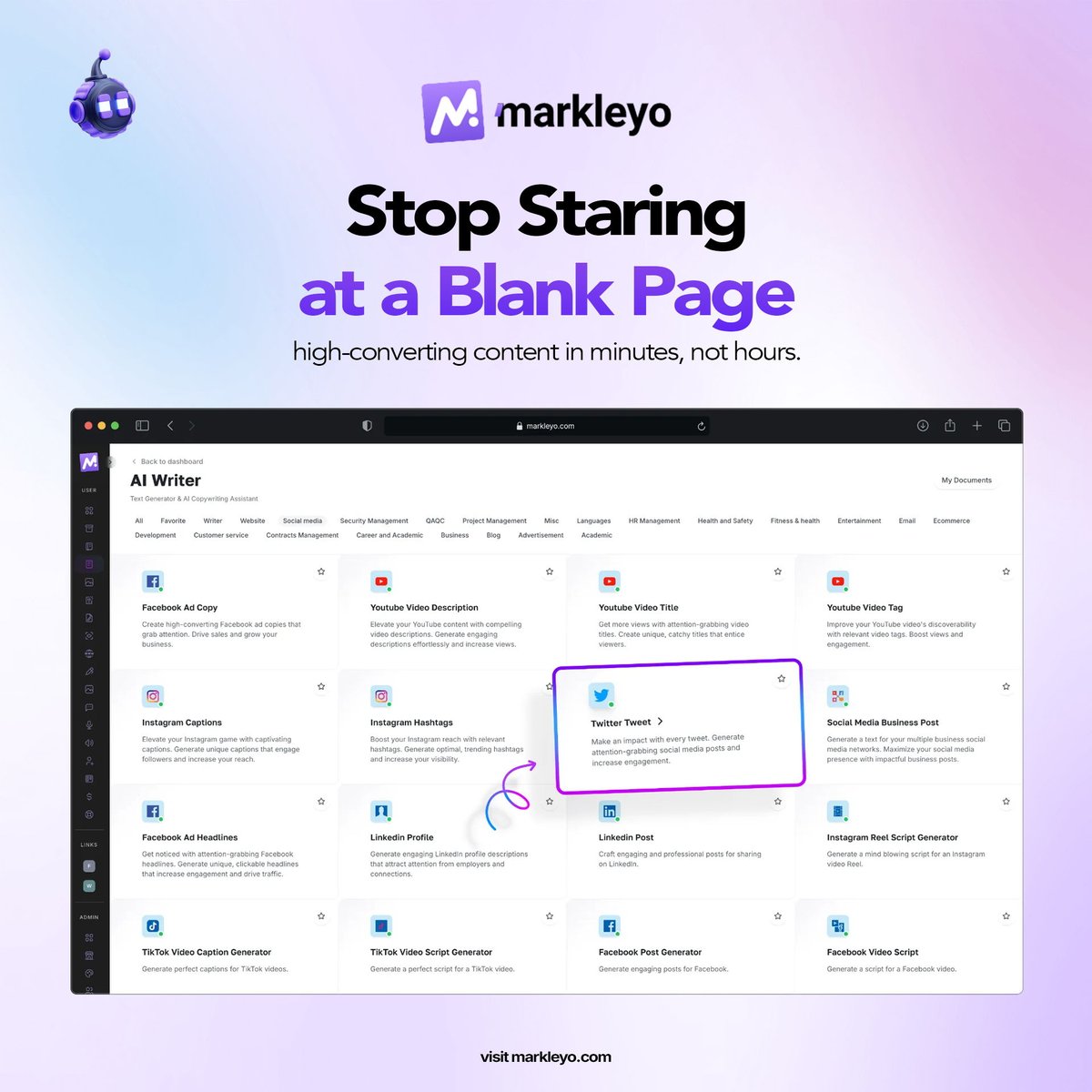 MarkleyoAI's tweet photo. Elevate your content with Markleyo's AI Writer! 🚀🔥 Boost your social media, increase CTR, and create SEO-friendly posts effortlessly. 50+ AI templates for engaging content. #AIwriting #ContentCreation #markleyo https://t.co/t5YNvMRwhv