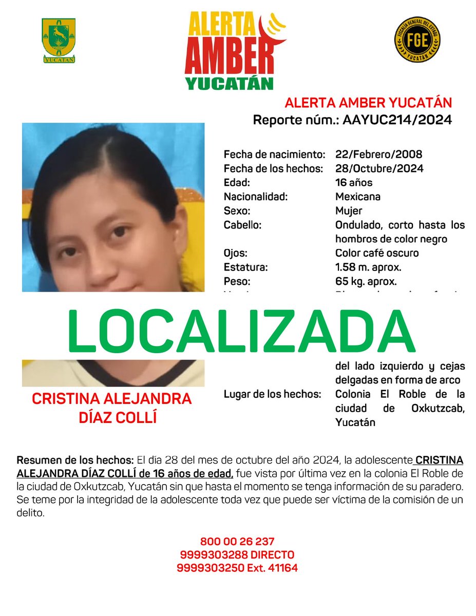 #AAYUC INFORMA DE LA DESACTIVACIÓN POR LOCALIZACIÓN DE LA ALERTA AMBER ESTATAL DE CRISTINA ALEJANDRA DÍAZ COLLÍ DE 16 AÑOS DE EDAD AL MOMENTO DE SU DESAPARICIÓN (YUC). <a href="/fgeyucatan/">FGE Yucatán</a>