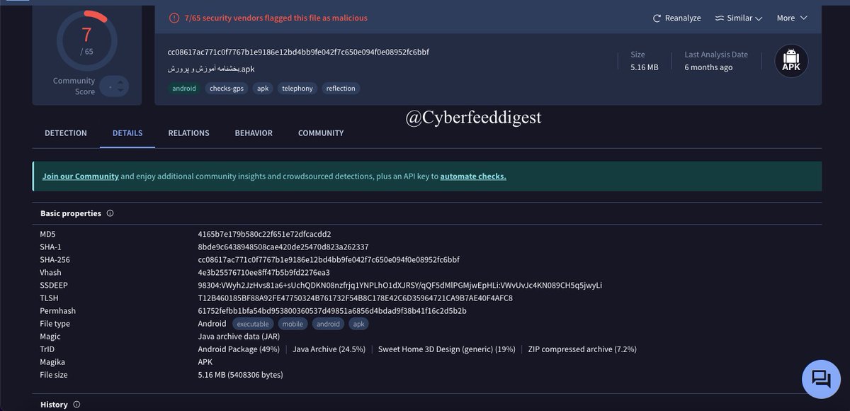 cyberfeeddigest's tweet image. بخشنامه آموزش و پرورش.apk
MD5:4165b7e179b580c22f651e72dfcacdd2
7/65 security vendors flagged this file as malicious
Popular threat label: #trojan
#Malware #IRAN
