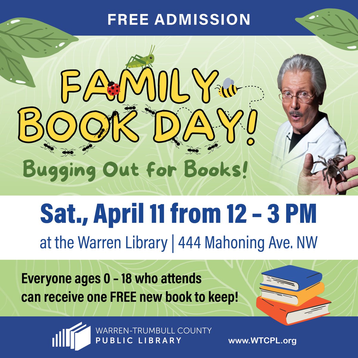 WTCPL's tweet photo. Mark your calendars for our annual Family Book Day coming up on Sat., 04/11/2026 from 12 - 3 PM at the Warren Library! This year, we're Bugging Out For Books with a visit from Dr. Insecta, a puppet show, superhero friends, free activities, and much more! https://t.co/OG6ybvFXZE https://t.co/hIhKFfdYnc