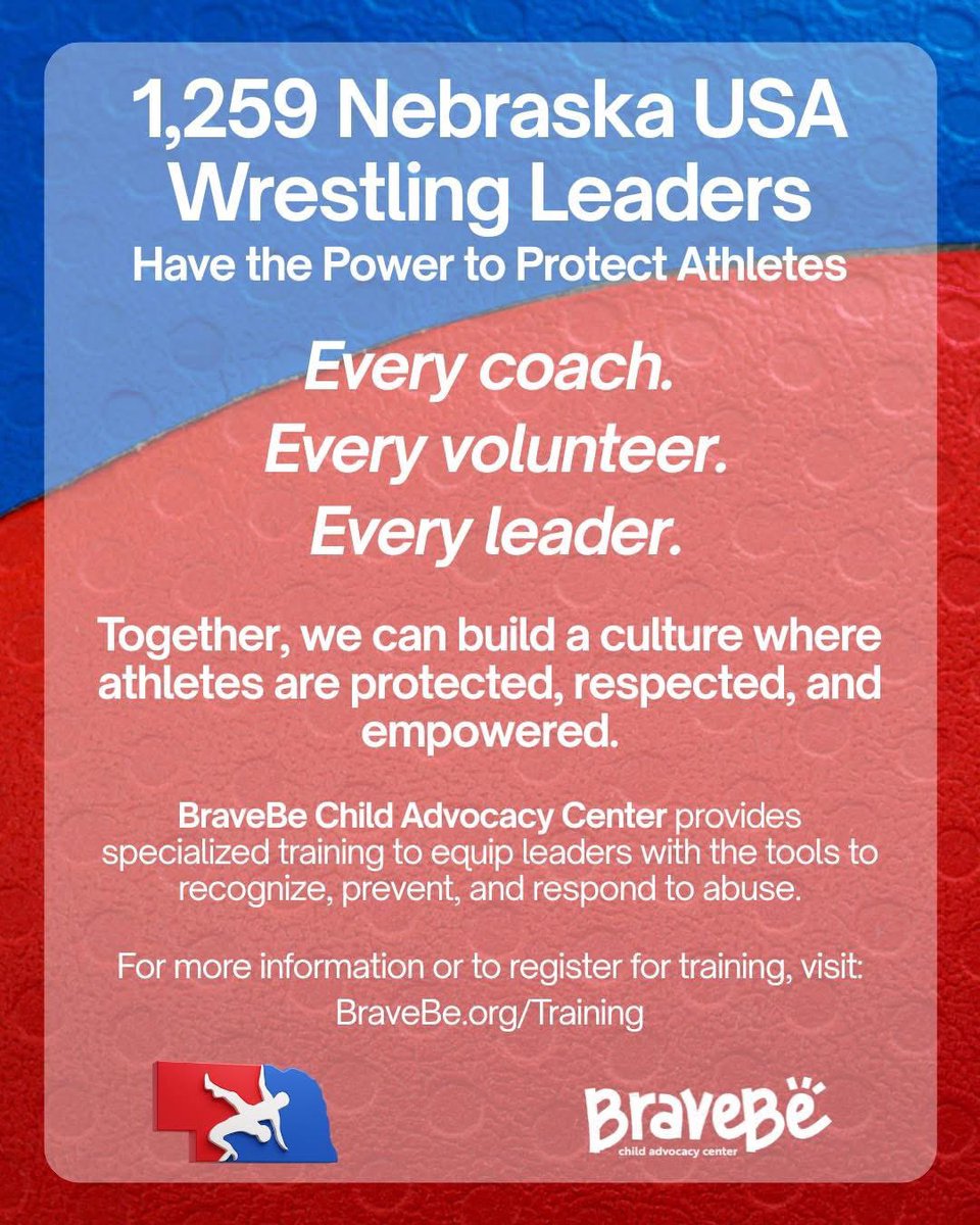NEUSAWrestling's tweet image. 1,259 certified leaders power Nebraska USA Wrestling.

Together with BraveBe Child Advocacy Center, we’re raising the standard for athlete safety.

Safety isn’t optional—it’s the standard.

Register: BraveBe.org/Training
#LeadershipInAction #AthleteSafety