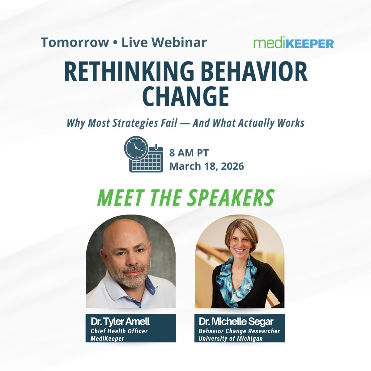 medikeeper's tweet photo. Webinar tomorrow: Rethinking Behavior Change.
Most strategies fail. Learn what actually works with Dr. Tyler Amell + Dr. Michelle Segar.
8 AM PT — 25 min
Register: https://t.co/IKpHWHz9ms 
#WorkplaceWellness #BehaviorChange #EmployeeWellbeing #HealthStrategy #MediKeeper https://t.co/zGRDMg7dt6