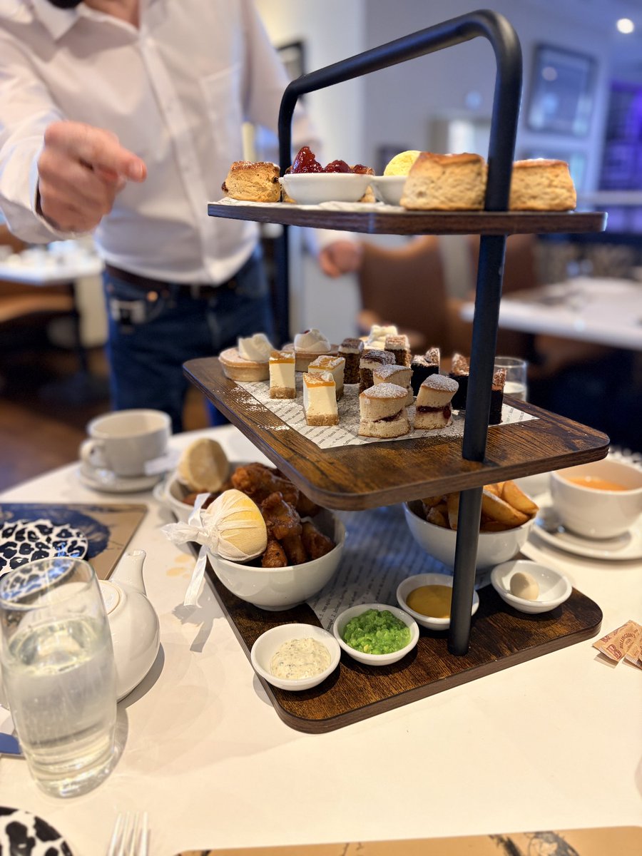 In the UK for tea and “scrumets”, and fish and chips.