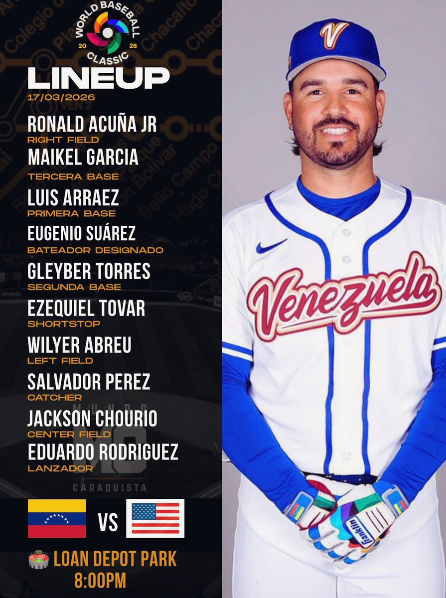 MundoCaraqu1sta's tweet photo. ¡LINEUP FINAL!⚾️✅

Así sale esta noche el @TeamBeisbolVe vs #USA en el #WorldBaseballClassic        

⌚️ 8PM 🇻🇪 
🏟️ Loan Depot Park 
📺 @1baseballtv | @CanalTeleven | @IVCNetworksVE | @venevision | @BymSport | @TvesSonrie 

#MundoCaraquista🌎🦁 
#SomosVenezuela
#LaQueNosUne https://t.co/nbvR1Czdc3