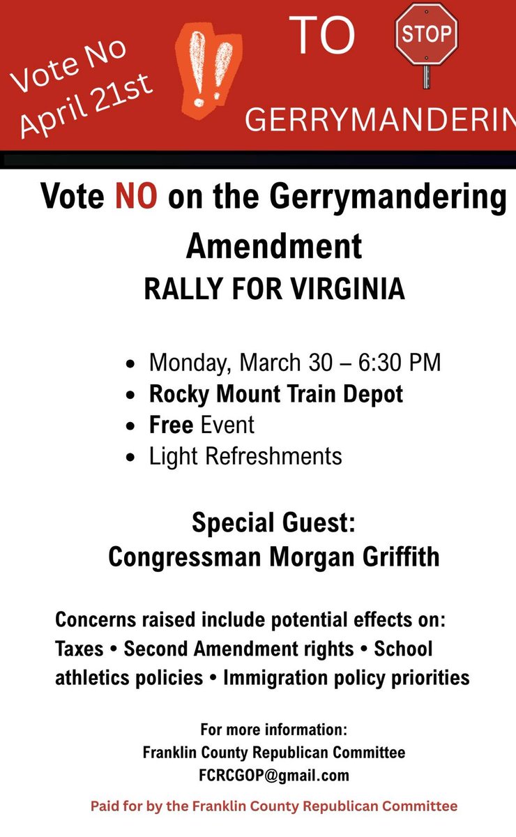 SMLPatriots's tweet photo. Join the Franklin County Republican Committee for a Rally for Virginia 🇺🇸

🗓 March 30 | 6:30 PM
📍 Rocky Mount Train Depot

Come hear from Congressman @MorganGriffith and learn how we can defeat the gerrymandering amendment. Don’t miss it — be there! https://t.co/q8WAGBV8Do