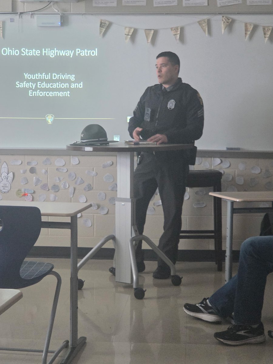 OSHP_NWOhio's tweet photo. Earlier today, Sgt. Banta, Bucyrus Post, had the opportunity to speak to students at Cary High School about driving safely and good decision making. Thank you for hosting us. #DriveToLive https://t.co/titO9KTRJ8