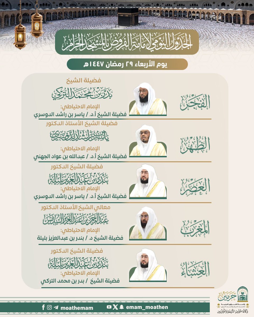 Emam_moathen's tweet photo. الجدول اليومي لإمامة الفروض بـ #المسجد_الحرام - يوم الأربعاء ٢٩ #رمضان ١٤٤٧هـ.

#عبدالرحمن_السديس
#بندر_بليلة
#ياسر_الدوسري
#بدر_التركي
#وكالة_شؤون_الأئمةوالمؤذنين https://t.co/oqnVBvzr9u