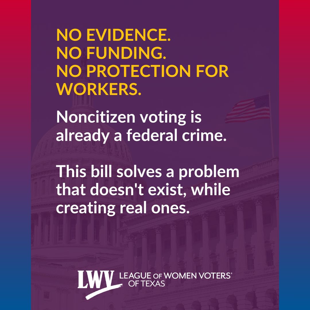 LWVTexas's tweet image. No credible evidence of widespread noncitizen voting. 
No funding for the $510M+ implementation cost. 
No protection for election workers. 

The SAVE Act is not election security, it's election chaos!
Contact your senators TODAY!!! (5/5)