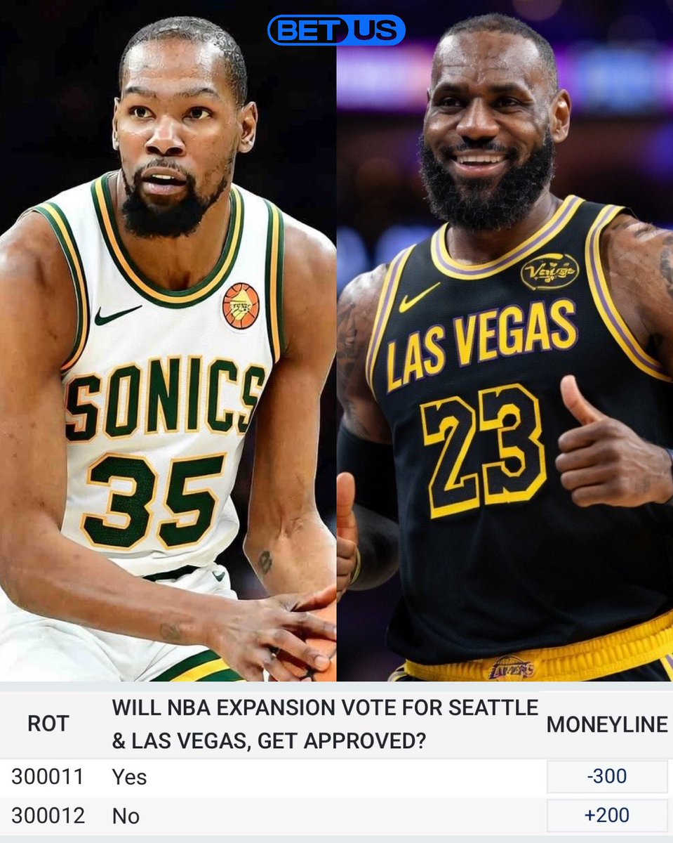 LegionHoops's tweet photo. There’s a 75% chance the NBA expansion vote for Seattle and Las Vegas gets approved, per @BetUS_NBA

🍿🍿🍿 https://t.co/VL19ieueFu