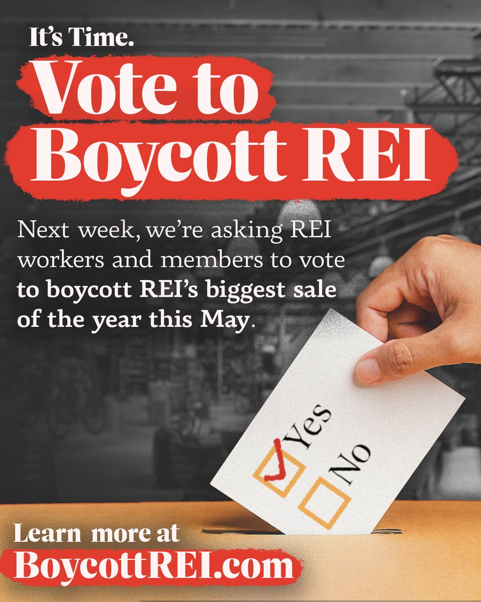 reiunion's tweet photo. BREAKING: It’s finally time we boycott REI.

Today, we’re announcing a vote for REI workers and members to authorize a boycott of REI’s biggest sale of the year this May.

Visit https://t.co/eNbRAR9gsp starting March 25th to vote. https://t.co/npHes2osoj