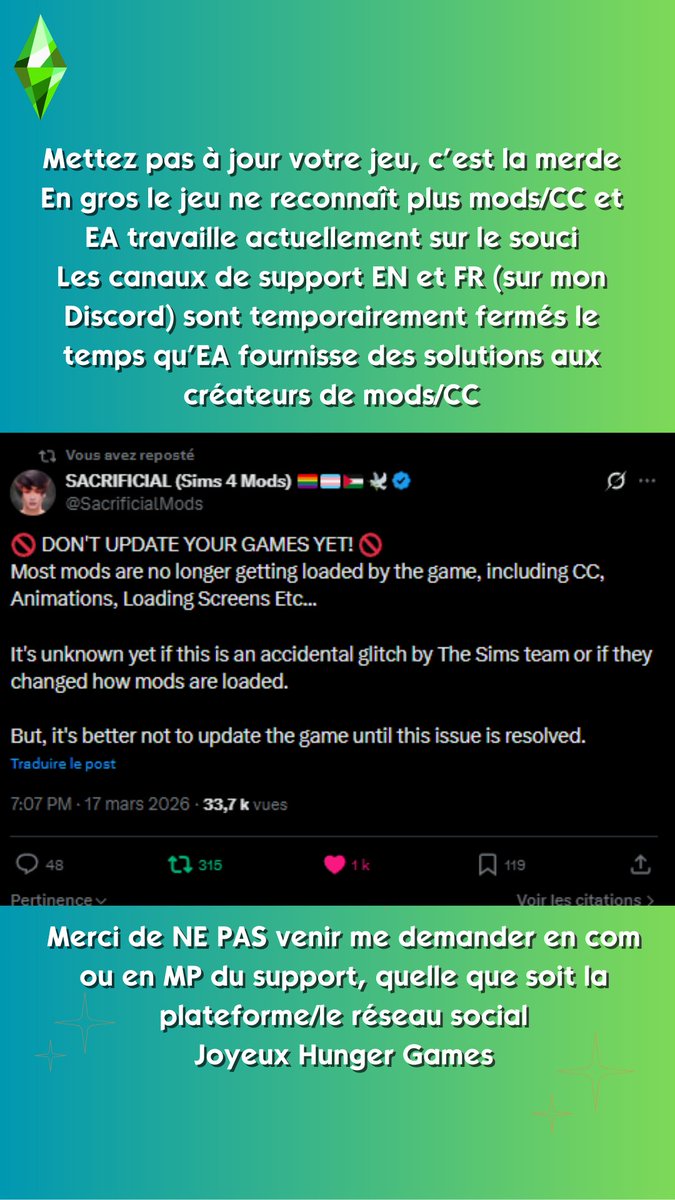 Kimikosoma4's tweet photo. Sims 4 MAJ du 17/03 : le jeu ne reconnaît quasiment plus les mods/ CC, donc si vous n'avez pas MAJ votre jeu et utilisez des mods ET/OU CC, ne mettez pas à jour votre jeu sinon il sera injouable... En espérant réponse rapide d'EA à ce sujet... #sims #sims4 #modsims4 @LuniverSims https://t.co/AJIu2bEqFl