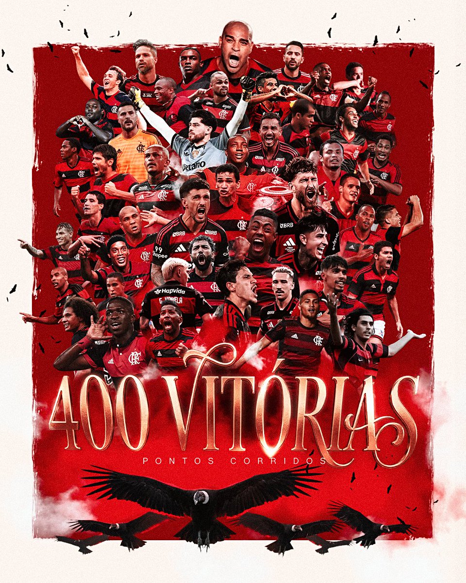 Flamengo's tweet photo. Já são QUATROCENTAS VITÓRIAS do Mengão em campeonatos brasileiros no formato de pontos corridos. Esses 1200 pontos foram conquistados com muita raça, trabalho e talento. Incontáveis jogadores honraram nossas cores nesses triunfos. Fica aqui nossa homenagem a todos aqueles que contribuíram para que pudéssemos chegar onde a gente chegou.
#MarcadoNaHistória