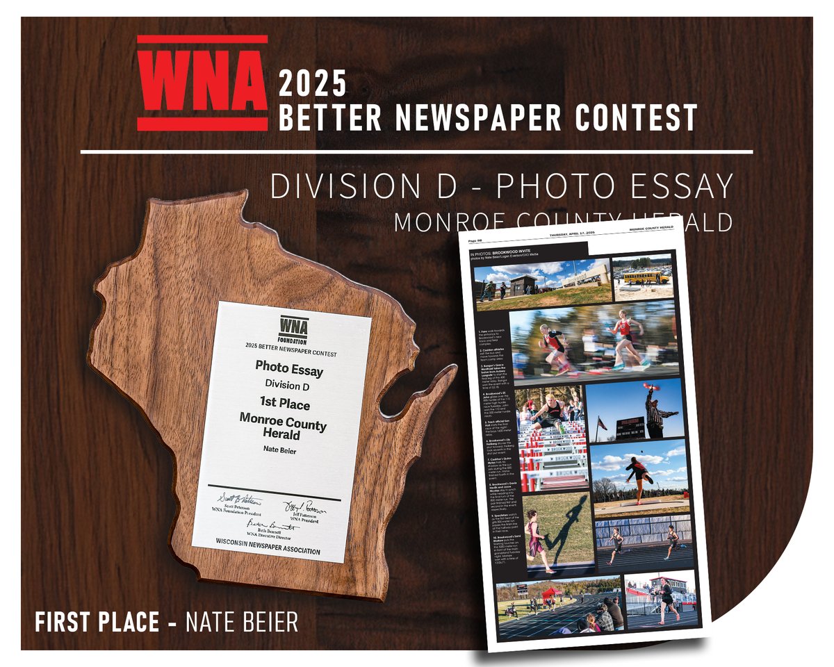 NBGX3Media's tweet photo. 2025 Wisconsin Newspaper Award Winners
Category - Division D, Photo Essay
Entry - Brookwood's first track and field meet
Paper -Monroe County Herald
#mchsports #brookwoodfalcons #wnaawards #wistf https://t.co/ELEAkMz0J2