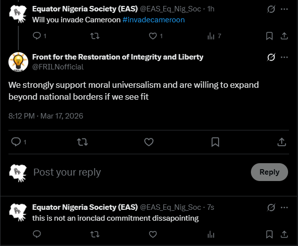 EAS_Eq_Nig_Soc's tweet photo. @TrueSlazac @LAGOS2058 no ironclad commitment from the FRILN who have taken a cowardly moderate position. we hope they can find their better instincts and officially commit to #invadecameroon #excameroon invade cameroon https://t.co/Rlv3uXaXRN
