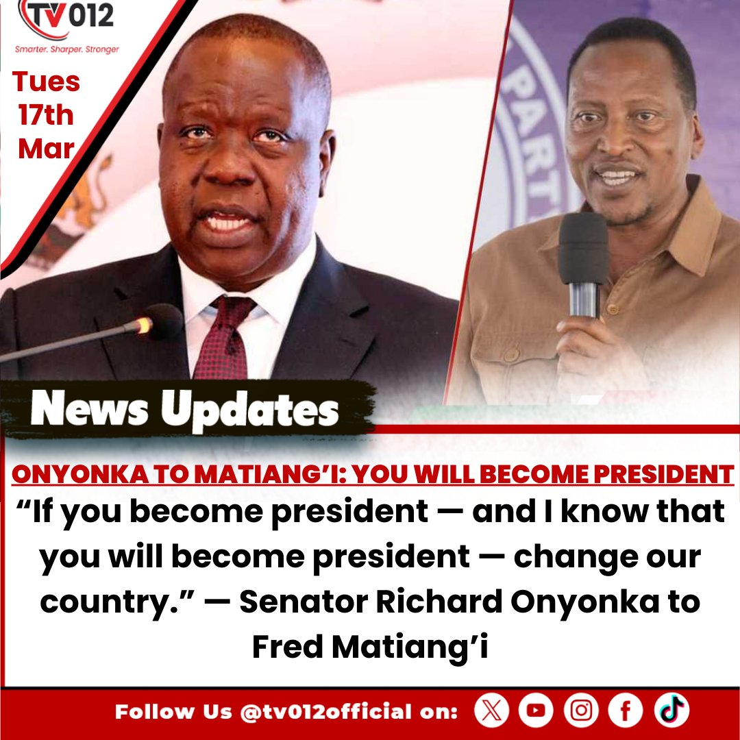 's tweet image. Onyonka to Matiang’i: You Will Become President

“If you become president — and I know that you will become president — change our country.” — Senator Richard Onyonka to Fred Matiang’i

#Onyonka #FredMatiangi #KenyaPolitics #Leadership #tv012newsupdate