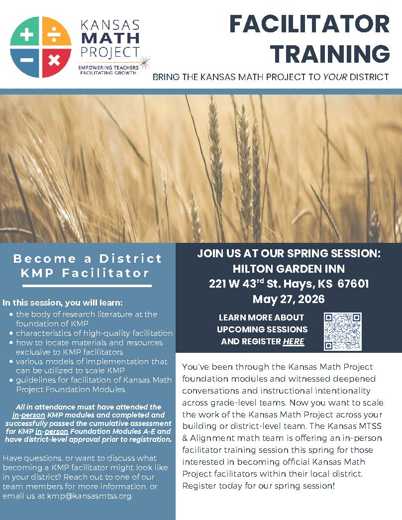 ksmtss's tweet photo. If you have completed the Kansas Math Project in-person training and are now ready to share that information with your district colleagues, join us in May for KMP Facilitator Training. More information and registration are available at https://t.co/53Ooi4eEAX. https://t.co/LLM15ucPh0