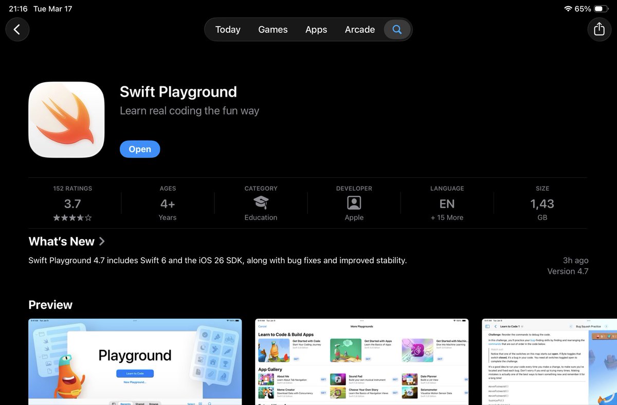 alemohamad's tweet photo. Swift Playground 4.7 is now available.

🔭 Supports Swift 6 and the iOS 26 SDK.
🧊 Liquid Glass!

I’m happy to see that the project is still active. While it has needed updates, there’s still a lot to add. Let’s see how it progresses after this release. Perhaps version 5? 🤔 https://t.co/8cpjEJOXT3
