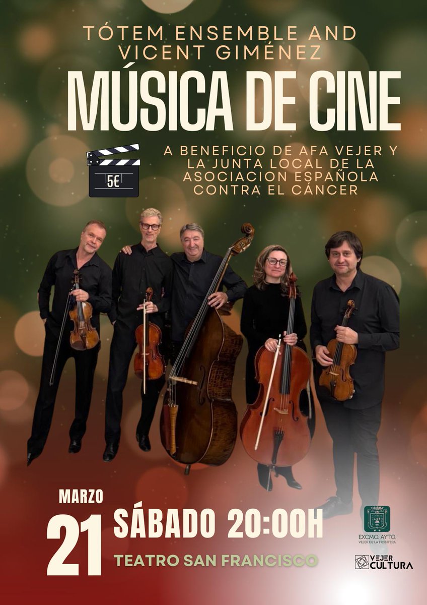 AlfredoLinacero's tweet photo. @TotemEnsemble y Vicent Giménez rinden homenaje a las grandes bandas sonoras en Vejer de la Frontera 🎻🫶

Cita cultural, de carácter solidario, que se desarrolla con el respaldo del Ayuntamiento de Vejer

#Cádiz #Solidaridad #Música #Cultura #Vejer

https://t.co/SLX6MYrWD7 https://t.co/fq7FVD3l28