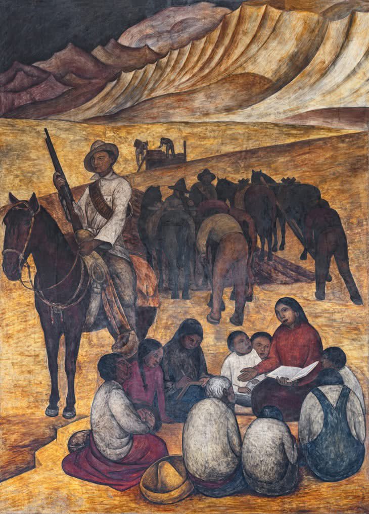 “La maestra rural”, refleja las Misiones Culturales de José Vasconcelos, proyecto educativo que consistía en llevar la educación a los más necesitados.

📸Diego Rivera. LA MAESTRA RURAL. 1923. SEP, fresco 4.55 x 3.27 m