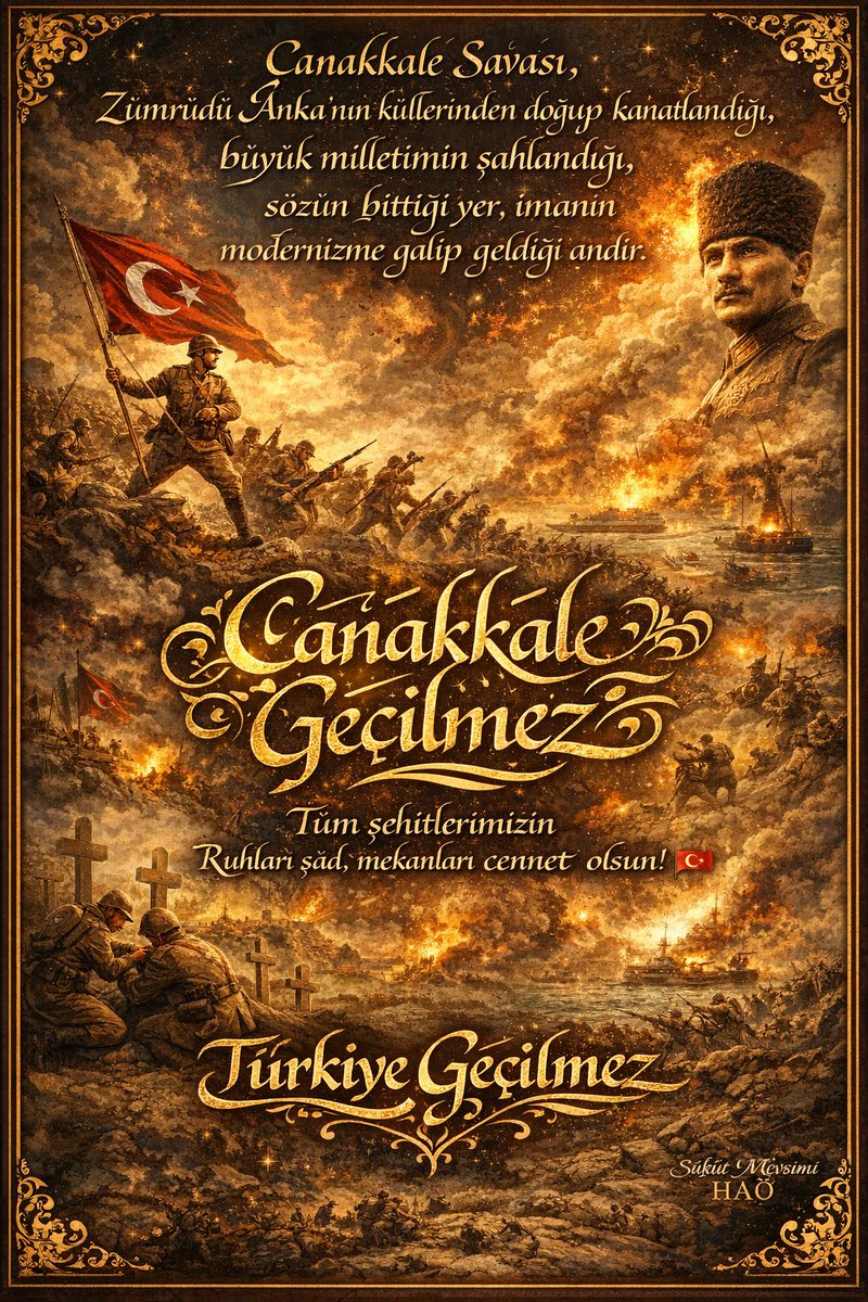 #ÇanakkaleDestanı  
Zümrüdü Anka'nın küllerinden doğup  kanatlandığı, büyük milletimin şahlandığı, sözün bittiği yer, imanın modernizme galip geldiği andır. #ÇanakkaleGeçilmez
 Tüm şehitlerimizin Ruhları şad, mekanları  cennet olsun!
