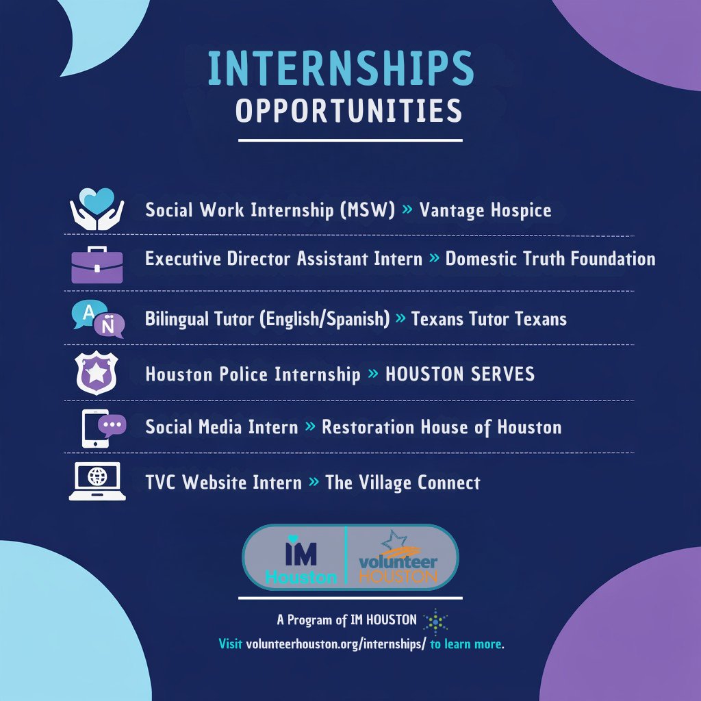 VolunteerHou's tweet photo. Internship Opportunities Now Featured on Volunteer Houston 💼

If you are looking to build experience, grow your skills, and support meaningful work in the community, these current opportunities are a great place to start.

Visit: https://t.co/2fBW608G8g to learn more. https://t.co/R8iTlGUoA4