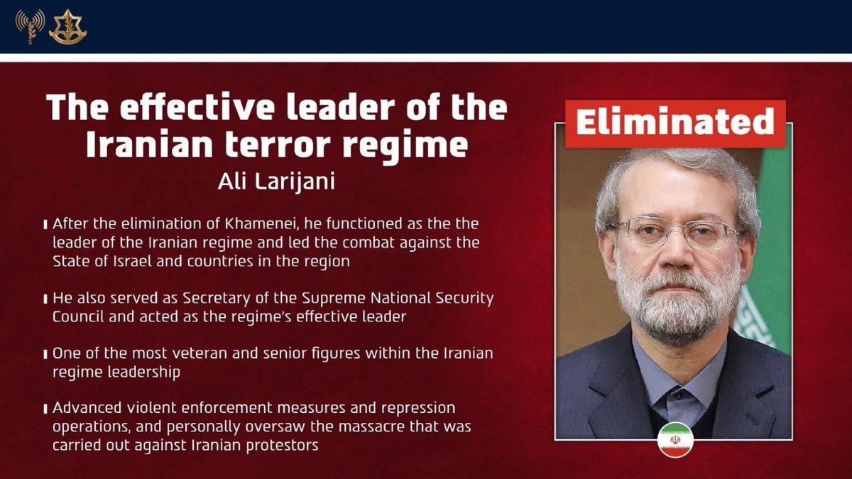 Gu_rebel's tweet photo. IRÃ 🇮🇷 | ATENÇÃO 🚨 

Forças de Defesa de Israel afirmam ter eliminado Ali Larijani, 68, um dos mais influentes e veteranos políticos do Irã, uma figura pragmática e que era leal ao regime. Ele ocupava cargos centrais como secretário do Conselho Supremo de Segurança Nacional (SNSC), negociador-chefe do programa nuclear iraniano (inclusive no acordo de 2015, JCPOA), ministro da Cultura, diretor da televisão estatal e presidente do Parlamento por mais de uma década. Sua importância residia na capacidade de unir facções conservadoras, além de gerir crises de segurança e repressão (incluindo contra os protestos recentes).

Após a morte de Khamenei, ele emergiu como o “homem forte” do regime, coordenando a resposta à guerra com Israel e EUA, a segurança interna e as decisões estratégicas do governo. Ele teria sido morto junto ao comandante da milícia Basij, Gholamreza Soleimani (apesar do sobrenome, não era parente do general Qasim Soleimani).

Aguardando a rede estatal iraniana confirmar o óbito.