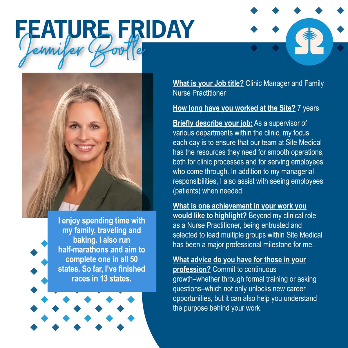 It's #FeatureFriday! Meet the Clinic Manager and Family Nurse Practitioner, Jennifer Bootle. Thank you for helping us #MakeTheWorldSafer, Jennifer.