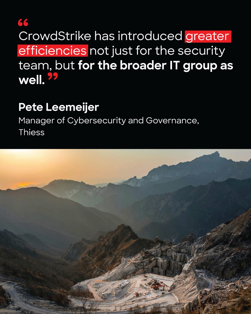 ➡️ <a href="/ThiessMining/">Thiess Pty Ltd</a> leads in autonomous mining. Now its cybersecurity runs the same way.

In 18 months, Thiess:
Cut response times to < 10 minutes
Saved $2.5M

See how CrowdStrike helped secure global IT + OT at scale: crwdstr.ke/6011B6rSVh