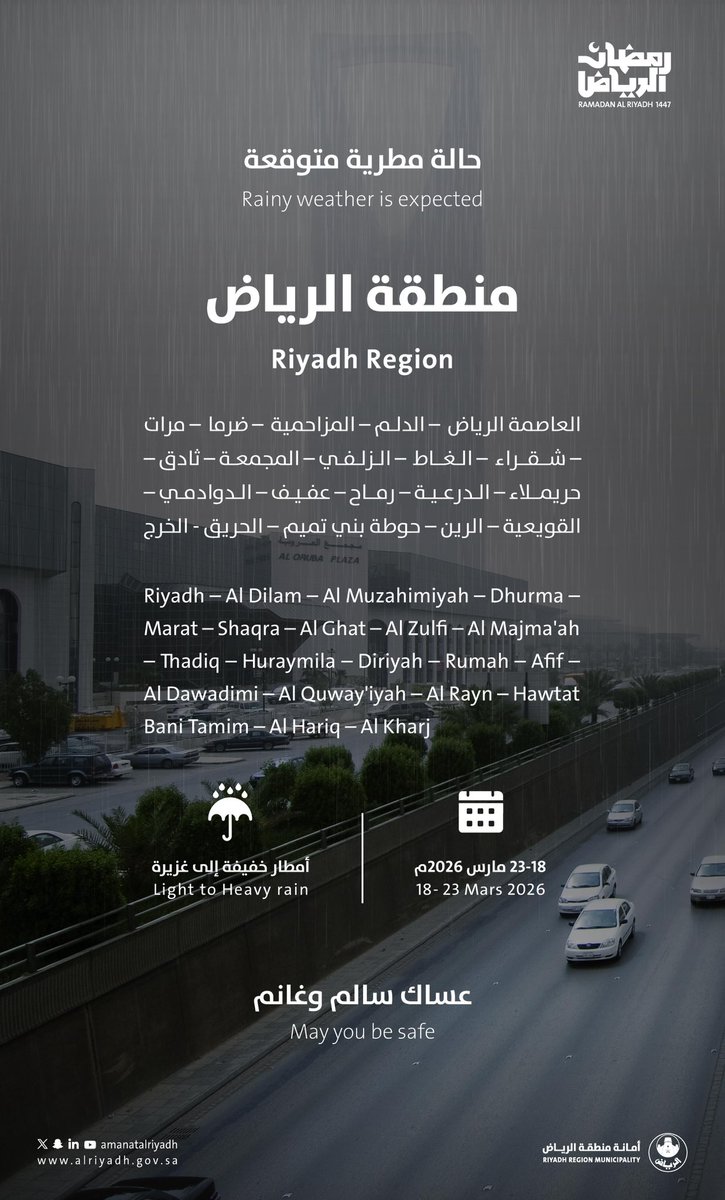 Amanatalriyadh's tweet photo. خلال الفترة من 28 رمضان وحتى 4 شوال 🌧️

تشهد العاصمة #الرياض وعدد من محافظات
المنطقة حالة مطرية متوقعة خفيفة إلى غزيرة

لسلامتكم، نأمل اتباع إرشادات السلامة،
أخذ الحيطة والحذر أثناء تنقلكم، جعلها الله
أمطار خير وبركة، وكل عامٍ وأنتم بخير. https://t.co/bw5JbfVzwS
