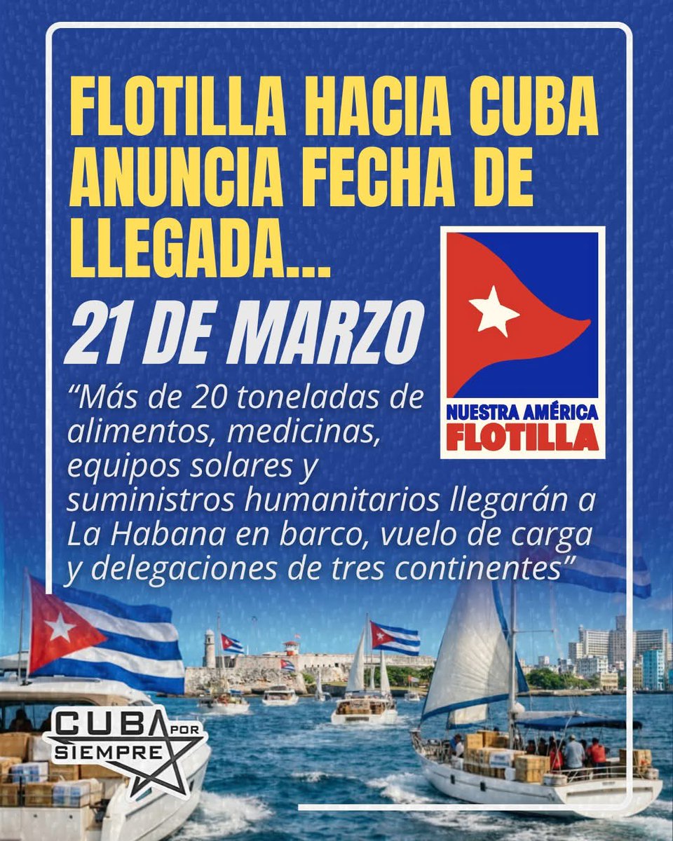🇨🇺#Flotilla #NuestraAmérica: La coalición de movimientos internacionales, respaldada x la activista Greta Thunberg, organiza envío a #Cuba de + de 20 toneladas de suministros esenciales. La carga, valorada en más de 900,000 dólares, incluye alimentos, medicinas y paneles solares.