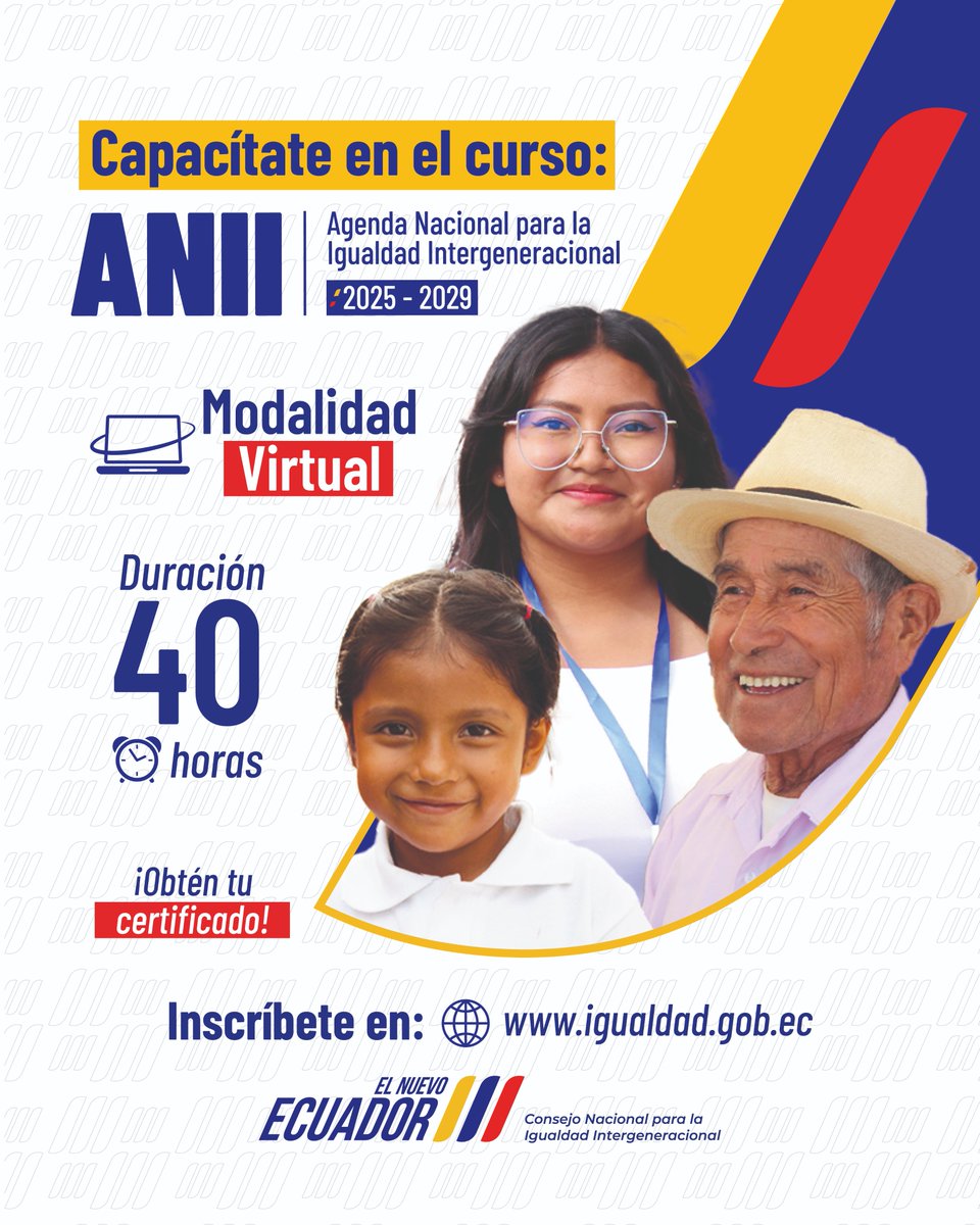 [CAPACITACIÓN] 📌
Te invitamos a conocer más sobre la #AgendaParaLaIgualdad Intergeneracional, a través del curso online gratuito. 

✅Inscríbete 👉🏼 goo.su/CTzJP
Código 85427

#DerechosEnAcción 🇪🇨