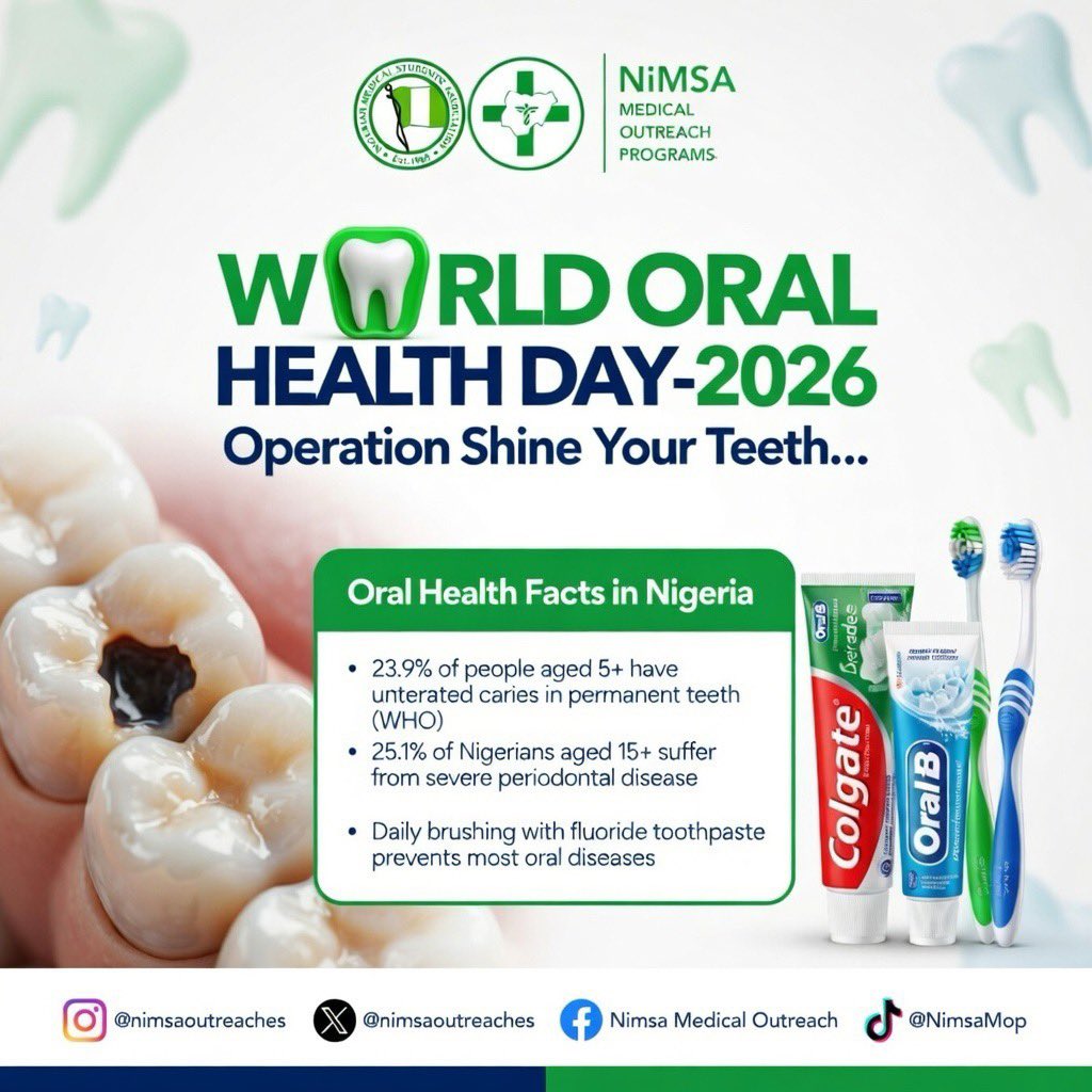 NiMSAOutreaches's tweet photo. In commemoration of World Oral Health Day 2026,The Directorate of Medical Outreach Programs, NiMSA-MOP joins the world to mark World Oral Health Day with the global theme: "A Happy Mouth is..." and we will launch a nationwide oral hygiene awareness campaign across all 36 states https://t.co/rhwXNT9bkI